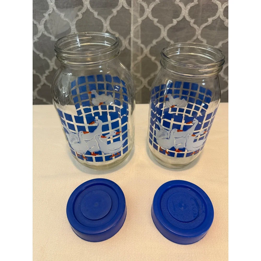 Vintage Country Geese Glass Canister Set 1L 3L Blue Checkered Jars with Lids